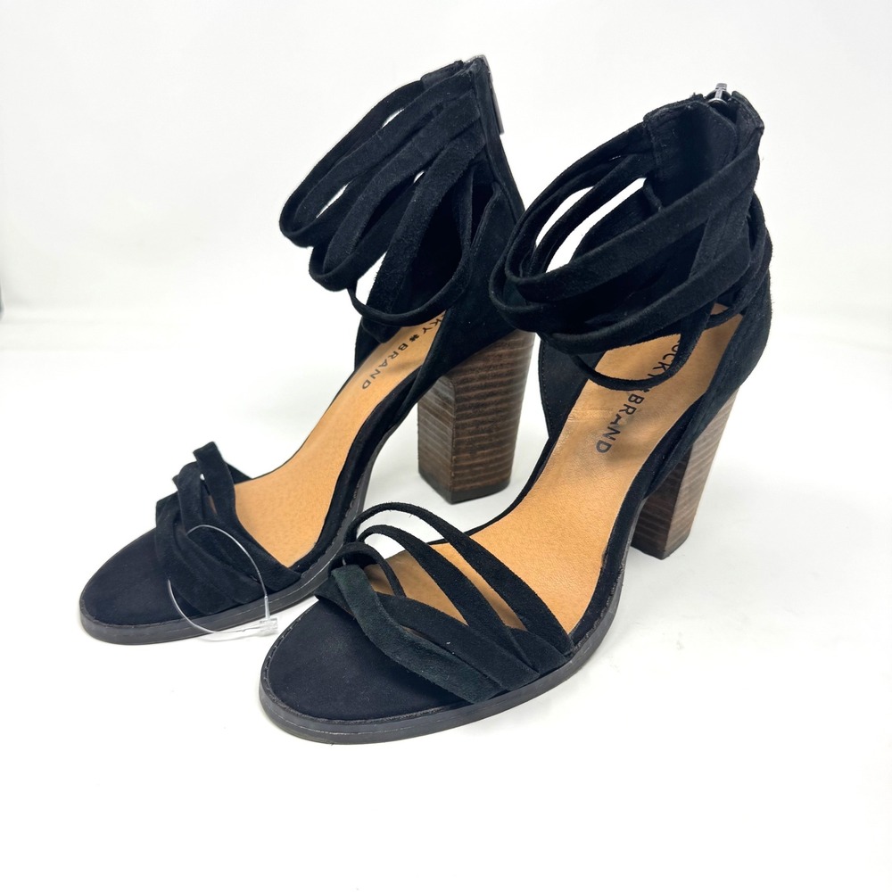 Lucky Brand Lakisha Black Suede Strappy Block Heel Sandals Womens 7.5 M 38